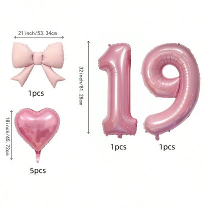 8pcs/Set Pink Number Balloon Set, Age 10-19, Heart Shaped Balloons And Bows- Soft Tones, Suitable For Baby Shower Decor, Girl Birthday Party Decor, Adult Birthday, Christening, Baby Shower, Birthday