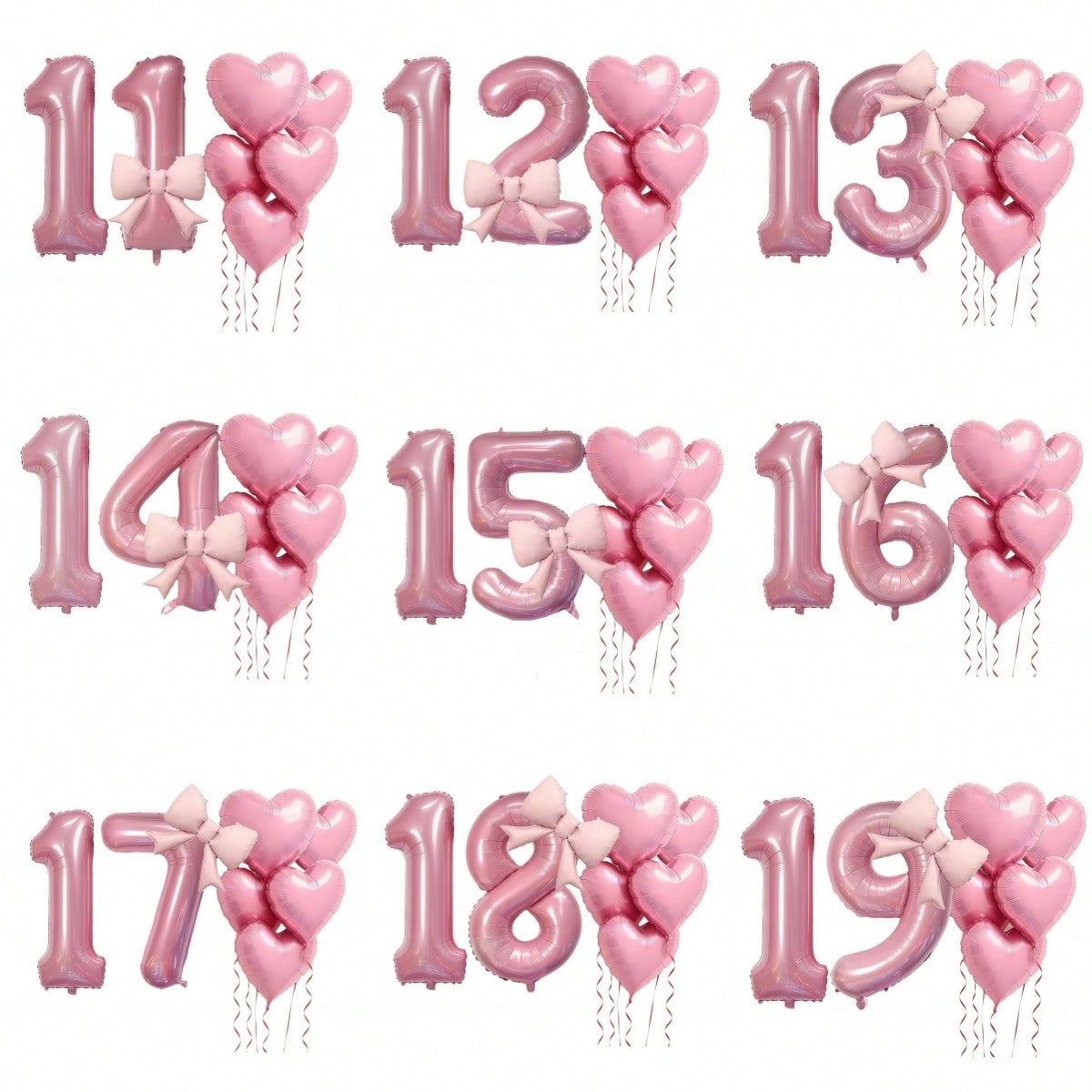 8pcs/Set Pink Number Balloon Set, Age 10-19, Heart Shaped Balloons And Bows- Soft Tones, Suitable For Baby Shower Decor, Girl Birthday Party Decor, Adult Birthday, Christening, Baby Shower, Birthday