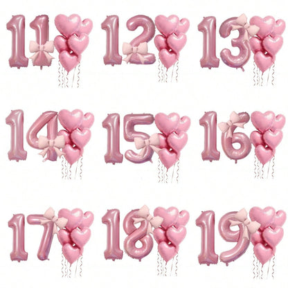 8pcs/Set Pink Number Balloon Set, Age 10-19, Heart Shaped Balloons And Bows- Soft Tones, Suitable For Baby Shower Decor, Girl Birthday Party Decor, Adult Birthday, Christening, Baby Shower, Birthday