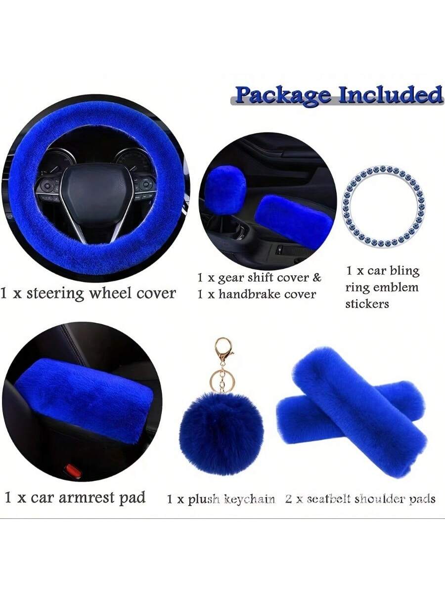 9 Pieces/Set Of New Plush Car Interior Kit: 1 Steering Wheel, 2 Plush Shoulder Protectors, 1 Armrest Box Stopper, 1 Pair Of Handbrakes, 1 Rearview Mirror Cover, 1 Rhinestone Starter Ring, 1 Leather Ba