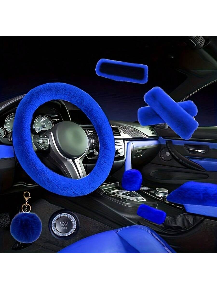 9 Pieces/Set Of New Plush Car Interior Kit: 1 Steering Wheel, 2 Plush Shoulder Protectors, 1 Armrest Box Stopper, 1 Pair Of Handbrakes, 1 Rearview Mirror Cover, 1 Rhinestone Starter Ring, 1 Leather Ba