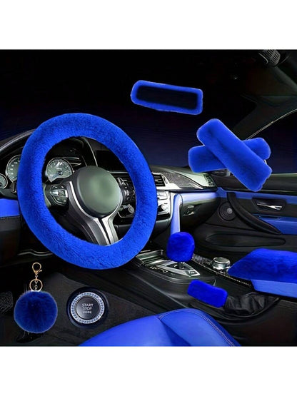 9 Pieces/Set Of New Plush Car Interior Kit: 1 Steering Wheel, 2 Plush Shoulder Protectors, 1 Armrest Box Stopper, 1 Pair Of Handbrakes, 1 Rearview Mirror Cover, 1 Rhinestone Starter Ring, 1 Leather Ba