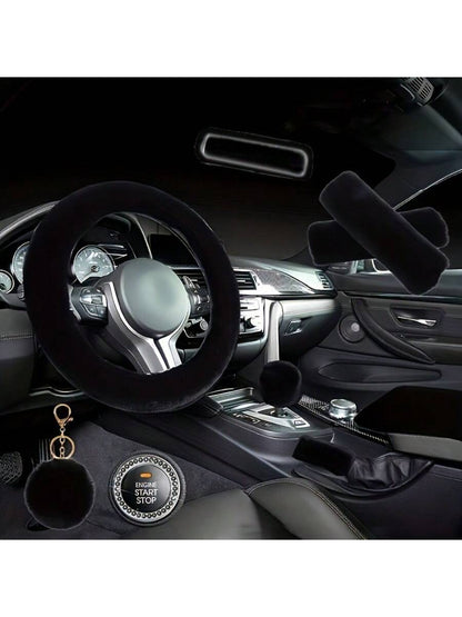 9 Pieces/Set Of New Plush Car Interior Kit: 1 Steering Wheel, 2 Plush Shoulder Protectors, 1 Armrest Box Stopper, 1 Pair Of Handbrakes, 1 Rearview Mirror Cover, 1 Rhinestone Starter Ring, 1 Leather Ba