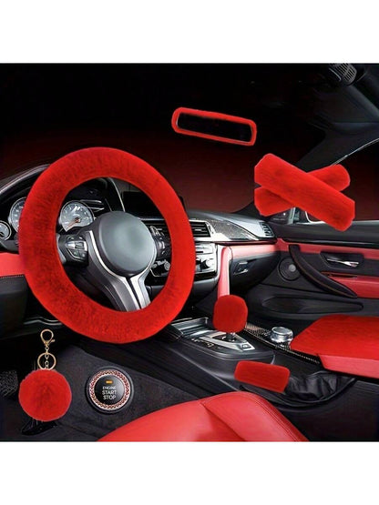 9 Pieces/Set Of New Plush Car Interior Kit: 1 Steering Wheel, 2 Plush Shoulder Protectors, 1 Armrest Box Stopper, 1 Pair Of Handbrakes, 1 Rearview Mirror Cover, 1 Rhinestone Starter Ring, 1 Leather Ba