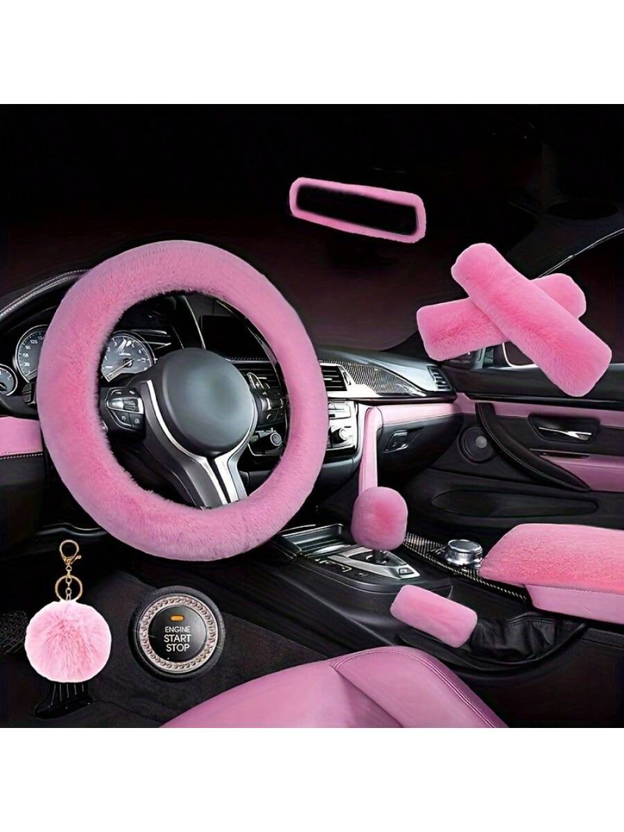 9 Pieces/Set Of New Plush Car Interior Kit: 1 Steering Wheel, 2 Plush Shoulder Protectors, 1 Armrest Box Stopper, 1 Pair Of Handbrakes, 1 Rearview Mirror Cover, 1 Rhinestone Starter Ring, 1 Leather Ba