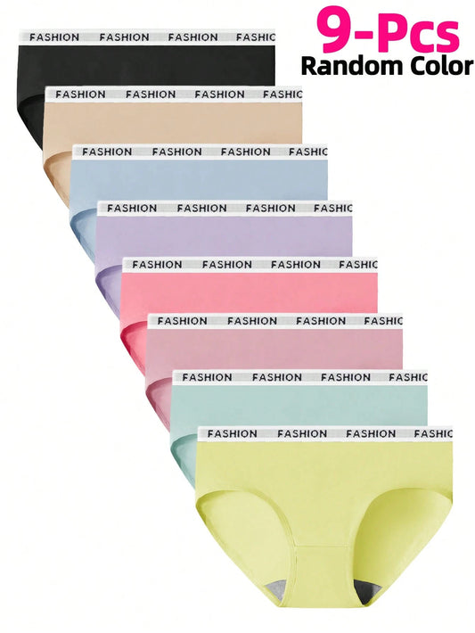 9pcs Assorted Color Polyester Comfortable Ladies' Panties, Girls' Fashion Letter Waistband Solid Color Briefs