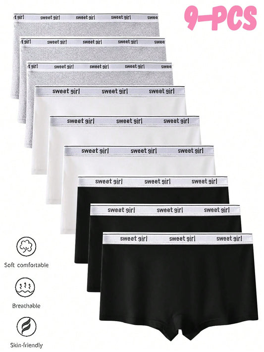 9pcs Girls' Black White Grey Solid Color Square Panties, Lightweight Breathable Polyester Fabric Anti-Exposure Boxer Briefs, Comfortable Daily Underwear For Teen Girls
