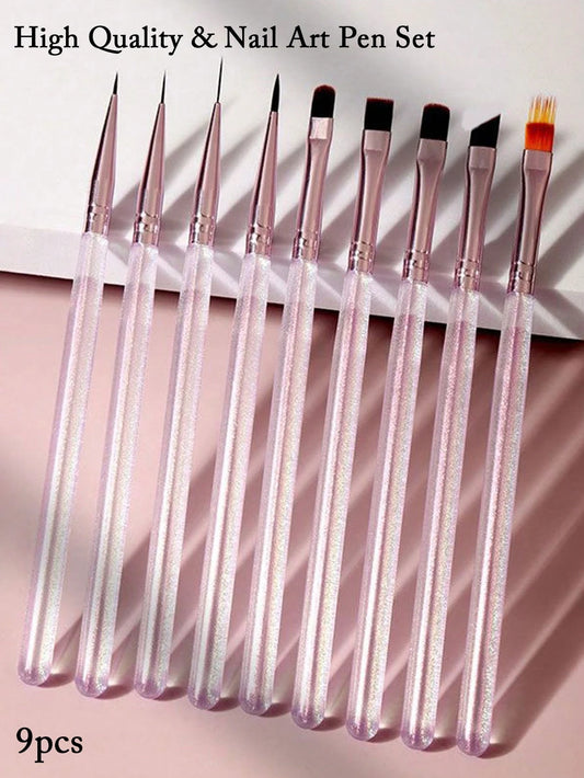 9pcs Japanese Ice Purple Series Nail Art Brush Set With Brush, Liner, Double Sided, Construction, UV Gel Paint Pen, Gradient Pen For Nail Salon And Home Use