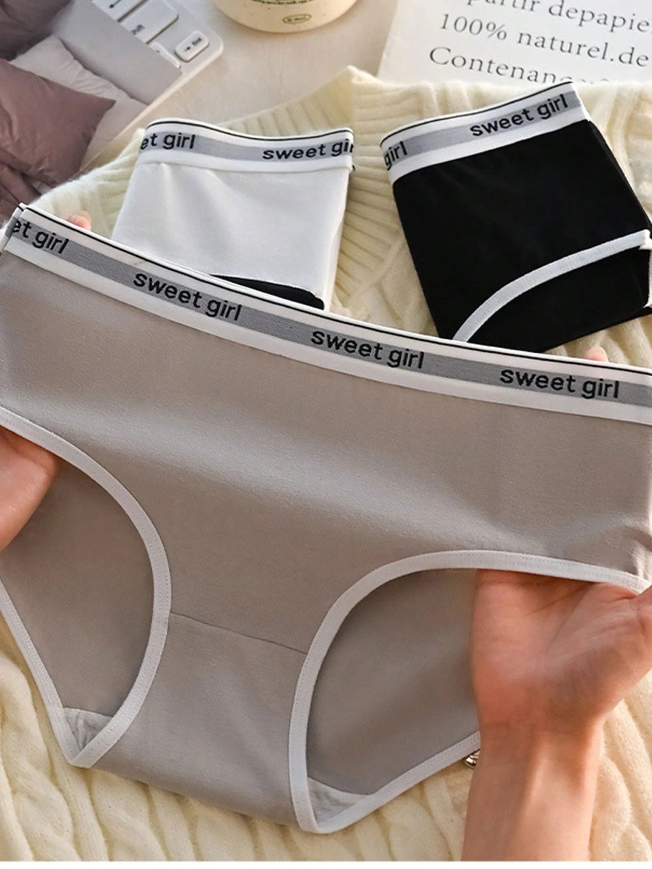 9pcs/Pack Sweet Girl Solid Color Minimalist Style Panties, Letter Waistband Comfortable Everyday Wear Triangle Briefs For Teen Girl