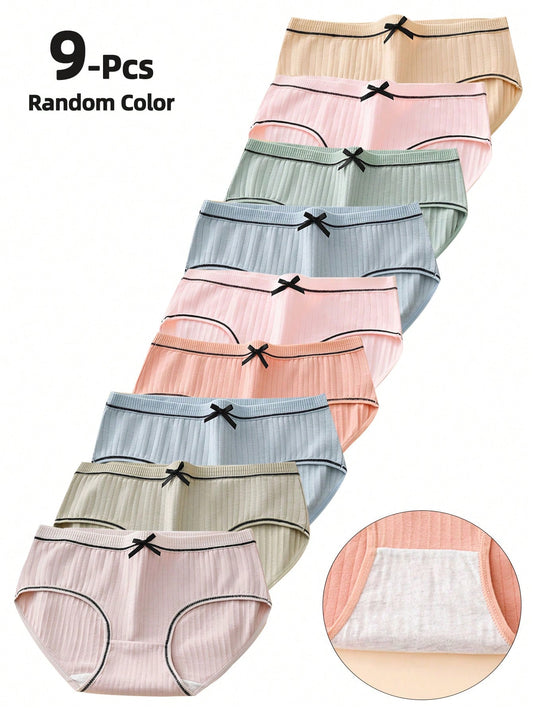 9pcs/Set Women Solid Color Simple Style Panties, Girl Mid Waist Bowknot Decor Casual Underwear, Polyester Underpants With Great Value