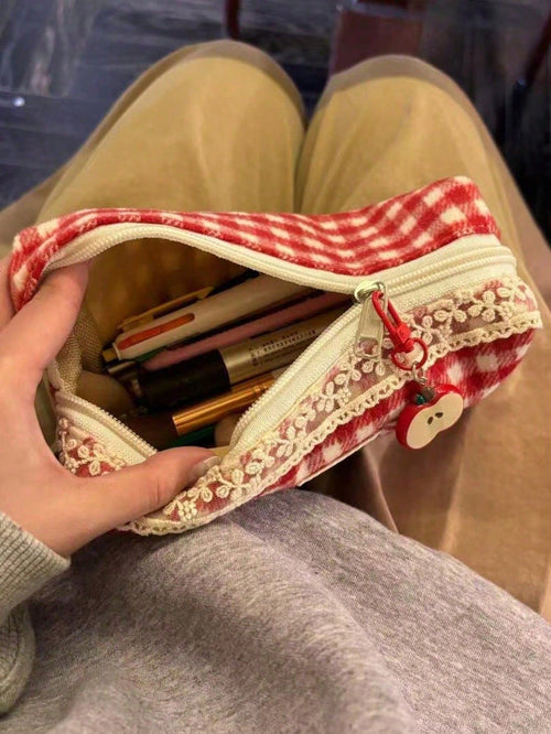 A Red-Patterned Cute Cat Pencil Case. Large Capacity Pencil Case. Portable Design, Can Be Used As A Girl's Makeup Bag. Student Stationery. Student Pencil Case. School Start Season Gift.