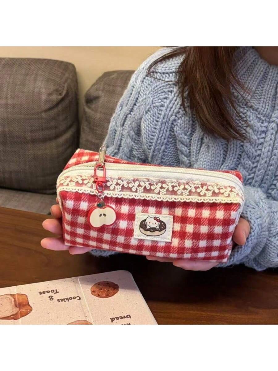 A Red-Patterned Cute Cat Pencil Case. Large Capacity Pencil Case. Portable Design, Can Be Used As A Girl's Makeup Bag. Student Stationery. Student Pencil Case. School Start Season Gift.