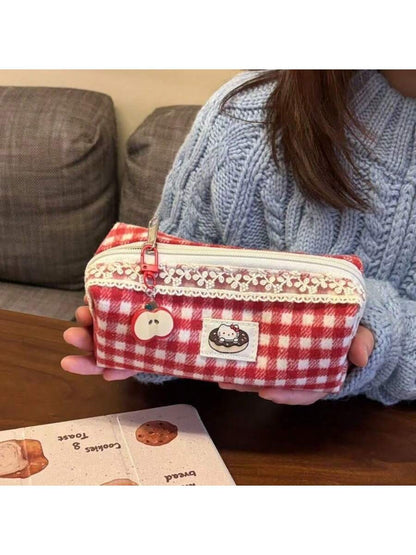 A Red-Patterned Cute Cat Pencil Case. Large Capacity Pencil Case. Portable Design, Can Be Used As A Girl's Makeup Bag. Student Stationery. Student Pencil Case. School Start Season Gift.