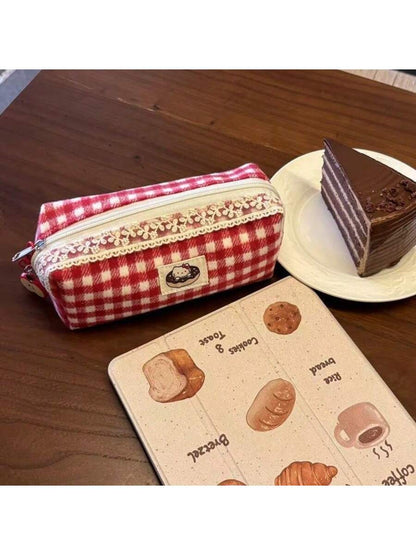 A Red-Patterned Cute Cat Pencil Case. Large Capacity Pencil Case. Portable Design, Can Be Used As A Girl's Makeup Bag. Student Stationery. Student Pencil Case. School Start Season Gift.
