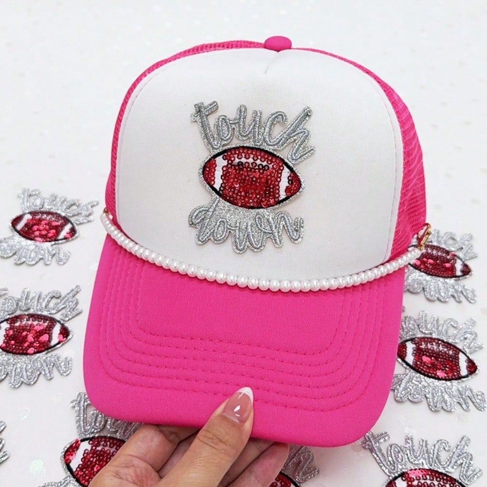 A Set Of Three Ironing Patches, Specially Designed For Truck Driver Hats, Printed With The Phrase "Touch Down." These Embroidered Patches Can Be Attached To Hats, Jeans, Jackets, And Backpacks, Making