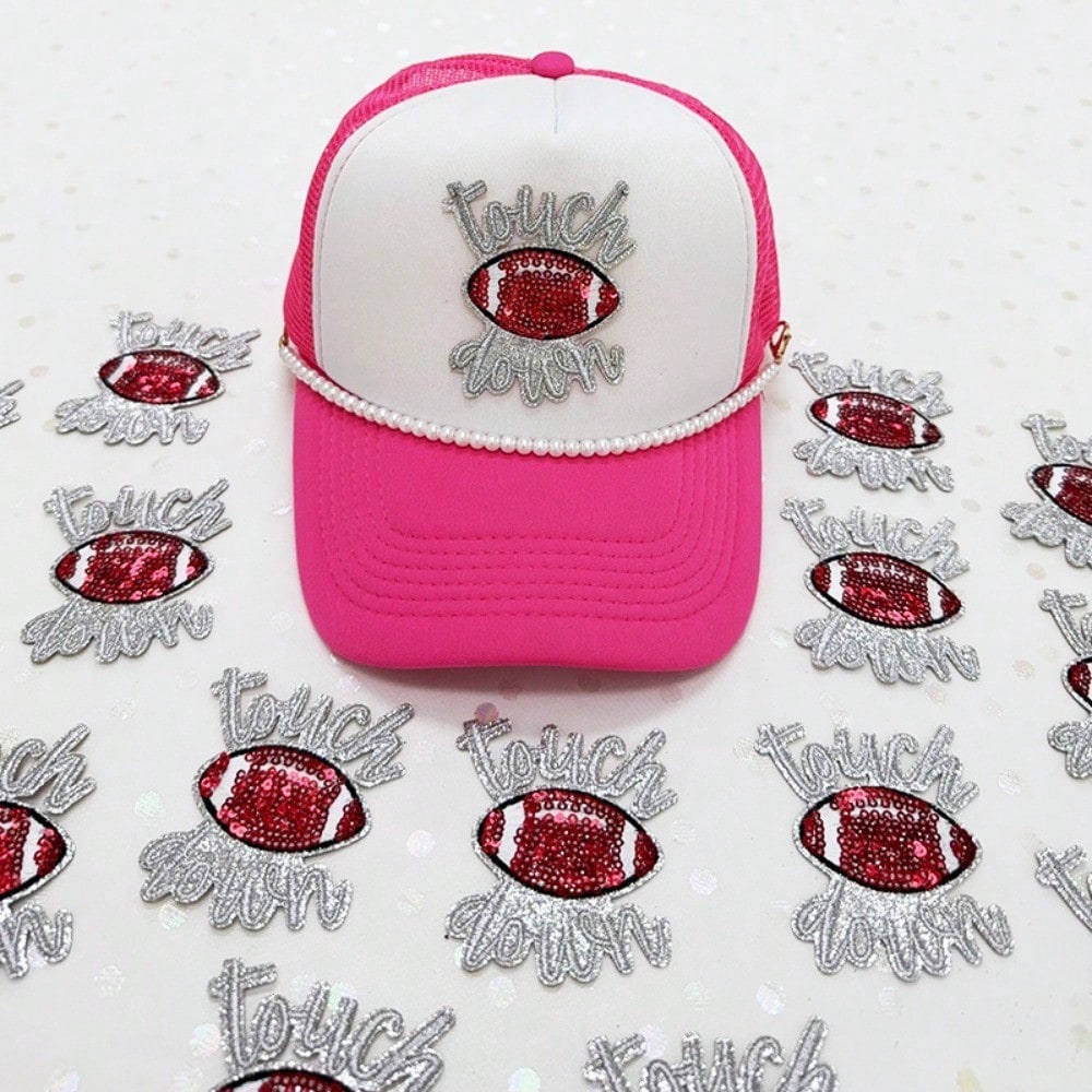 A Set Of Three Ironing Patches, Specially Designed For Truck Driver Hats, Printed With The Phrase "Touch Down." These Embroidered Patches Can Be Attached To Hats, Jeans, Jackets, And Backpacks, Making