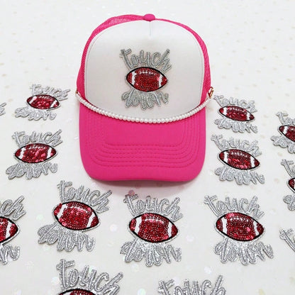 A Set Of Three Ironing Patches, Specially Designed For Truck Driver Hats, Printed With The Phrase "Touch Down." These Embroidered Patches Can Be Attached To Hats, Jeans, Jackets, And Backpacks, Making
