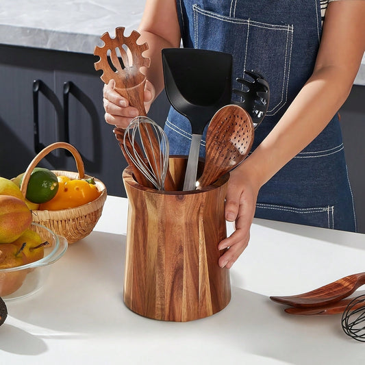 Acacia Wood 360° Rotating Kitchen Utensil Holder, Dual Size Compartments Farmhouse Rustic Countertop Organizer, Natural Wood Grain Storage Rack For Spatulas Whisks Cooking Tools, Sturdy Modern Kitchen
