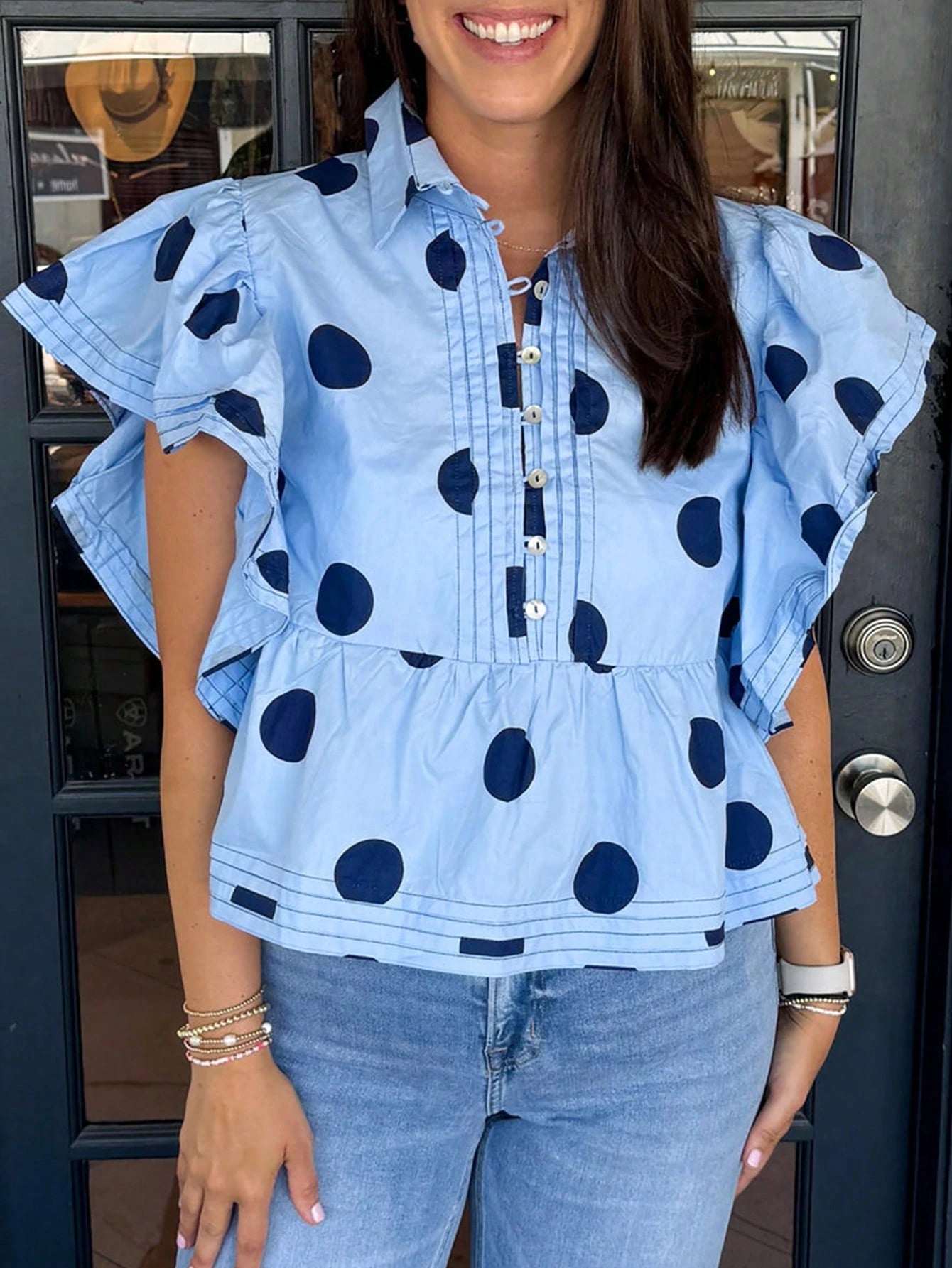 Acelitt Sky Blue Polka Dot Print Ruffle Trim Button Collar Short Sleeve Shirt Summer
