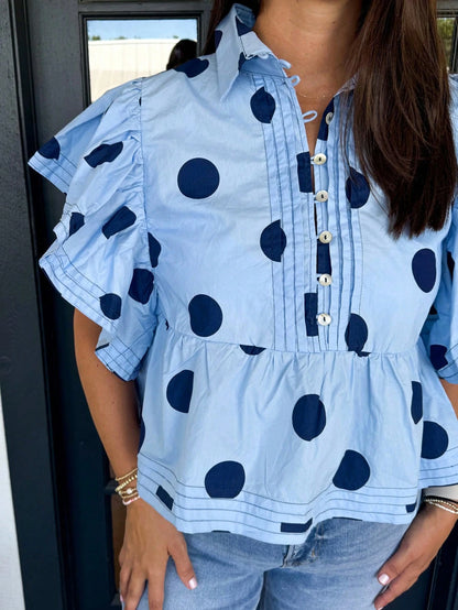 Acelitt Sky Blue Polka Dot Print Ruffle Trim Button Collar Short Sleeve Shirt Summer