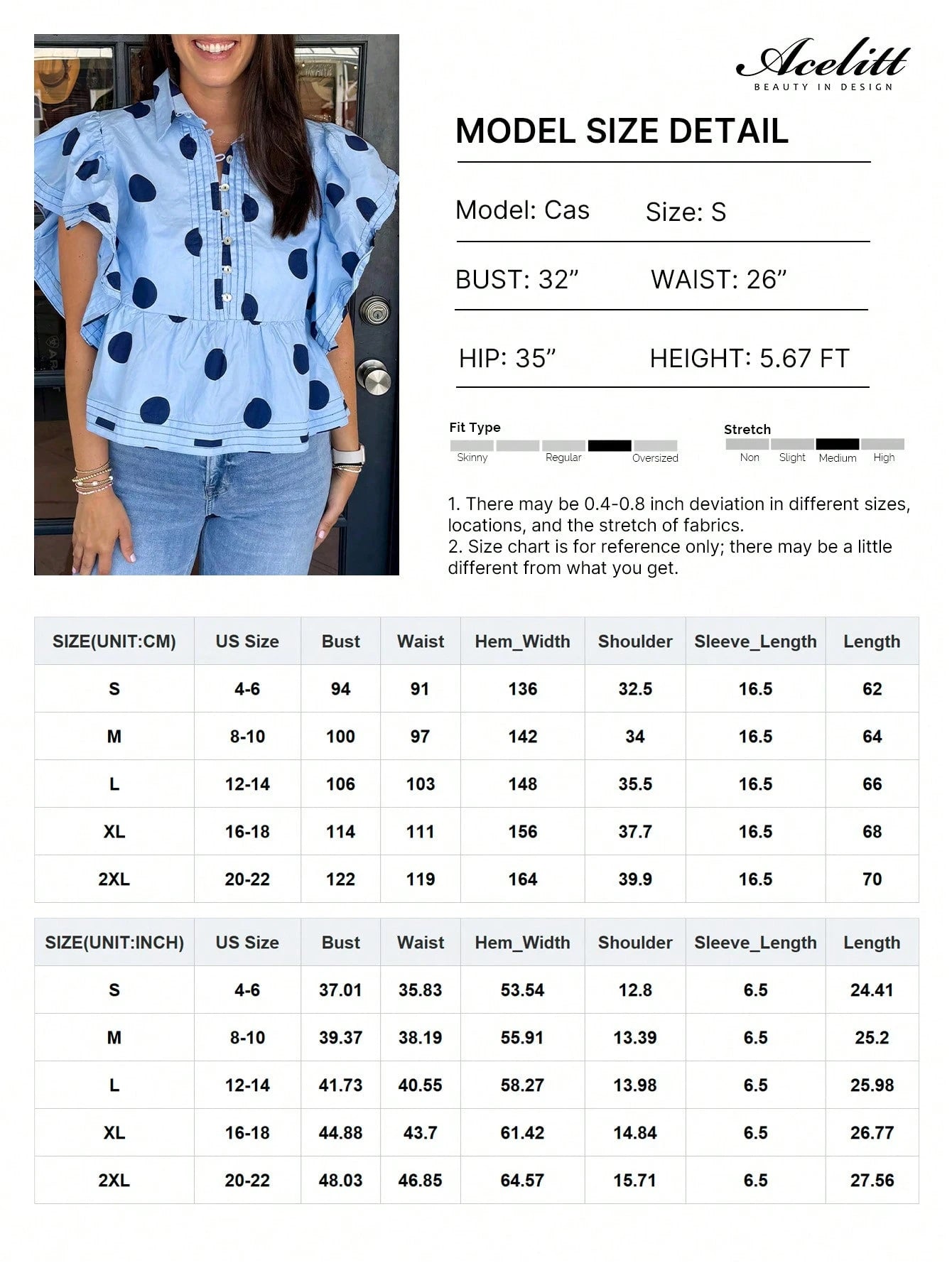 Acelitt Sky Blue Polka Dot Print Ruffle Trim Button Collar Short Sleeve Shirt Summer