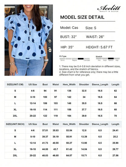 Acelitt Sky Blue Polka Dot Print Ruffle Trim Button Collar Short Sleeve Shirt Summer