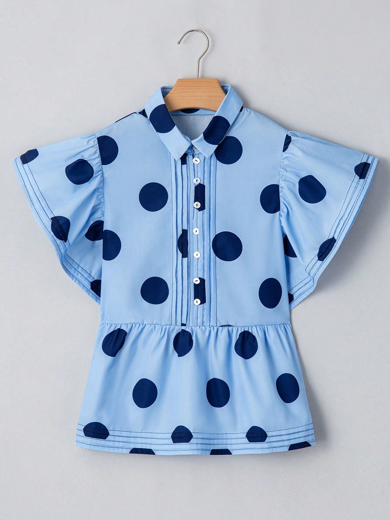 Acelitt Sky Blue Polka Dot Print Ruffle Trim Button Collar Short Sleeve Shirt Summer