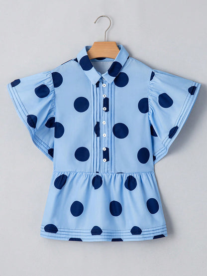 Acelitt Sky Blue Polka Dot Print Ruffle Trim Button Collar Short Sleeve Shirt Summer
