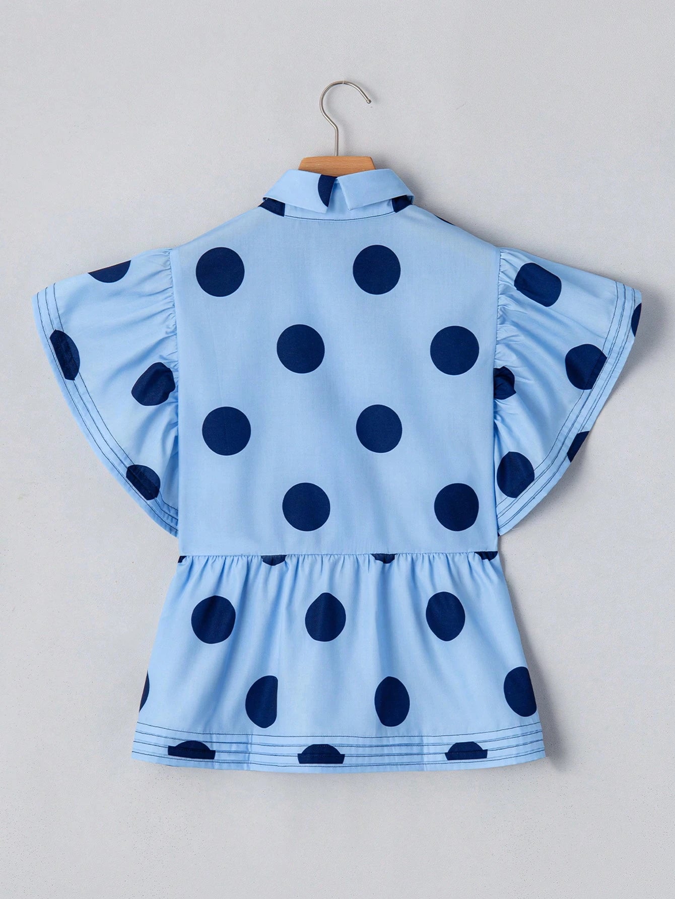 Acelitt Sky Blue Polka Dot Print Ruffle Trim Button Collar Short Sleeve Shirt Summer