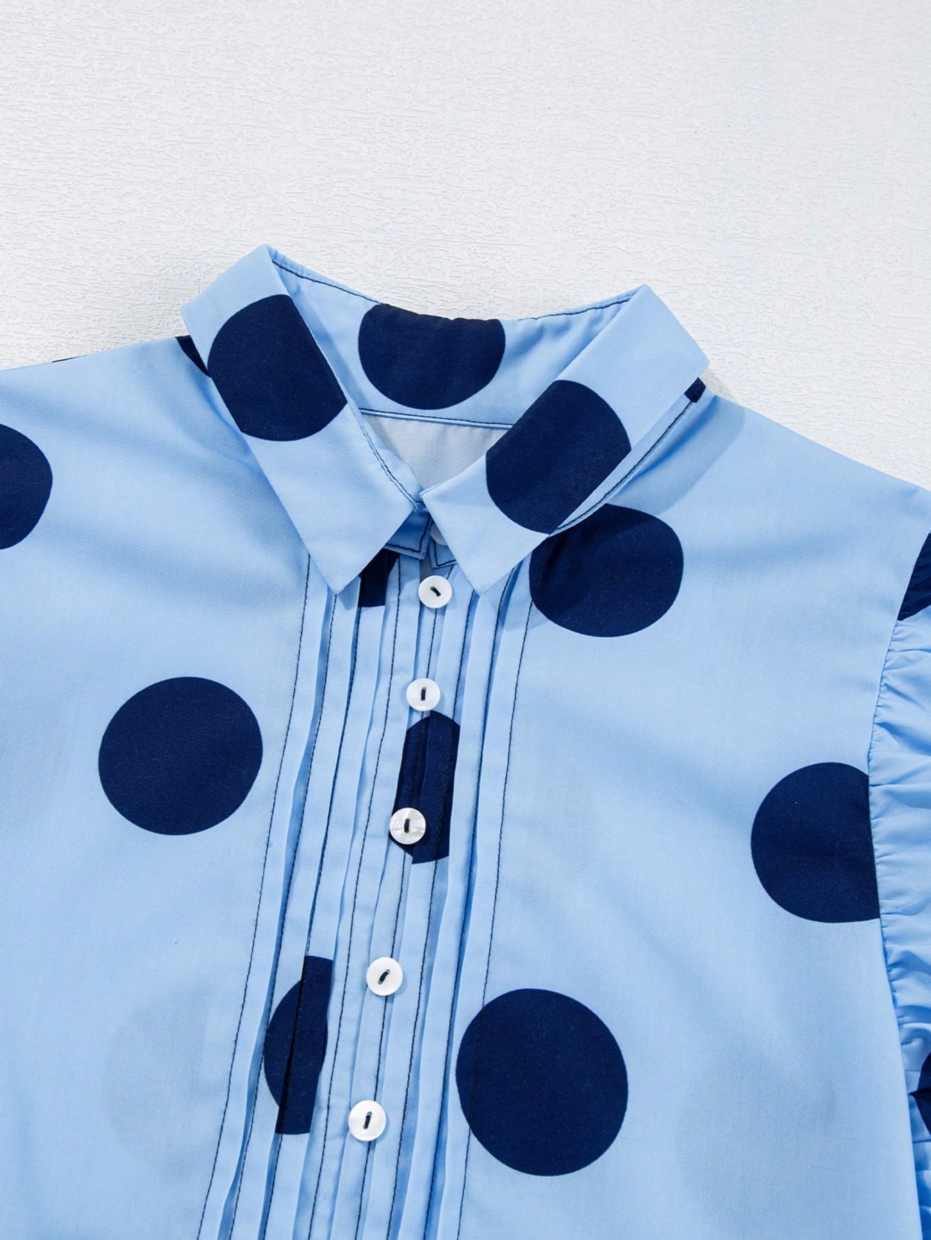 Acelitt Sky Blue Polka Dot Print Ruffle Trim Button Collar Short Sleeve Shirt Summer