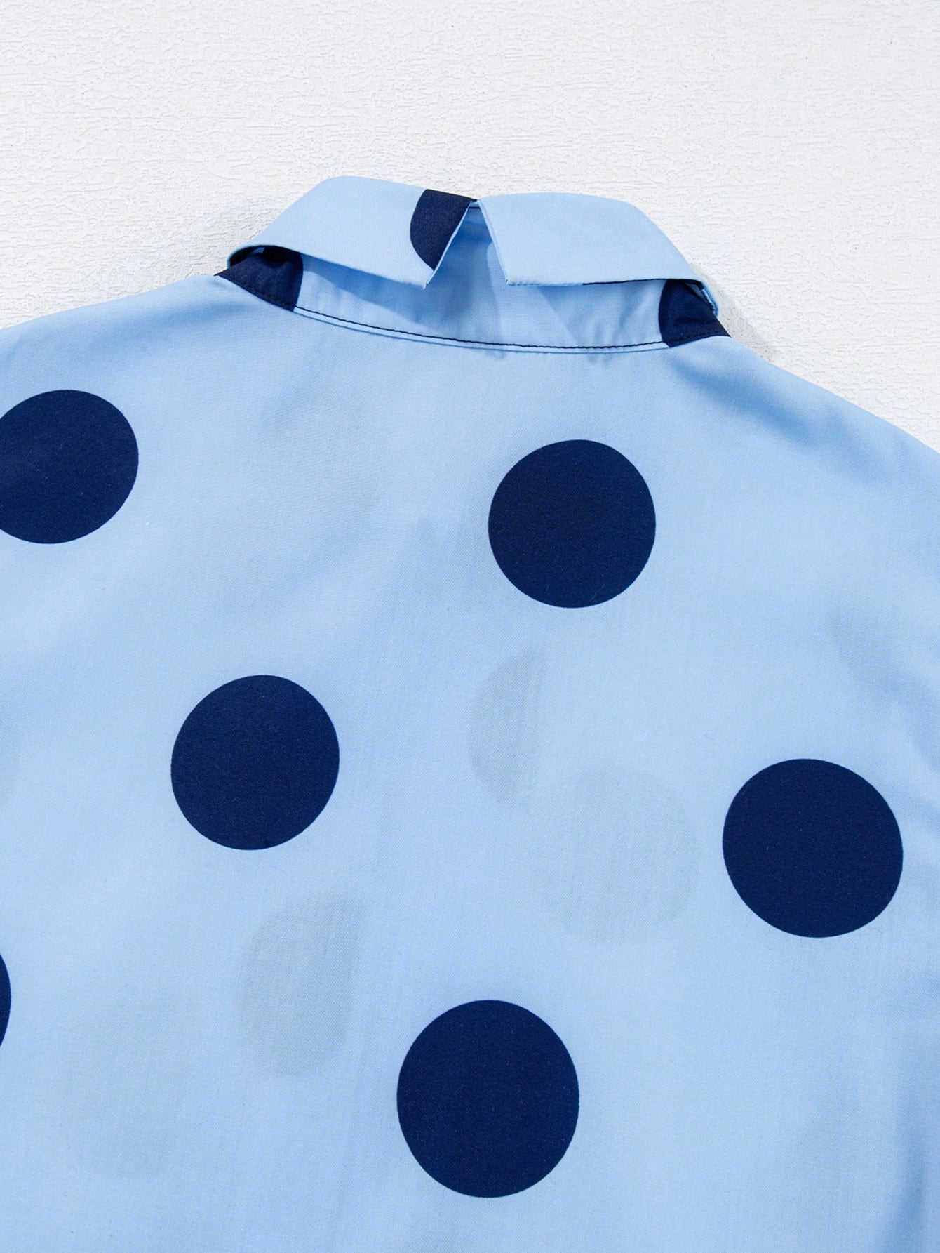 Acelitt Sky Blue Polka Dot Print Ruffle Trim Button Collar Short Sleeve Shirt Summer