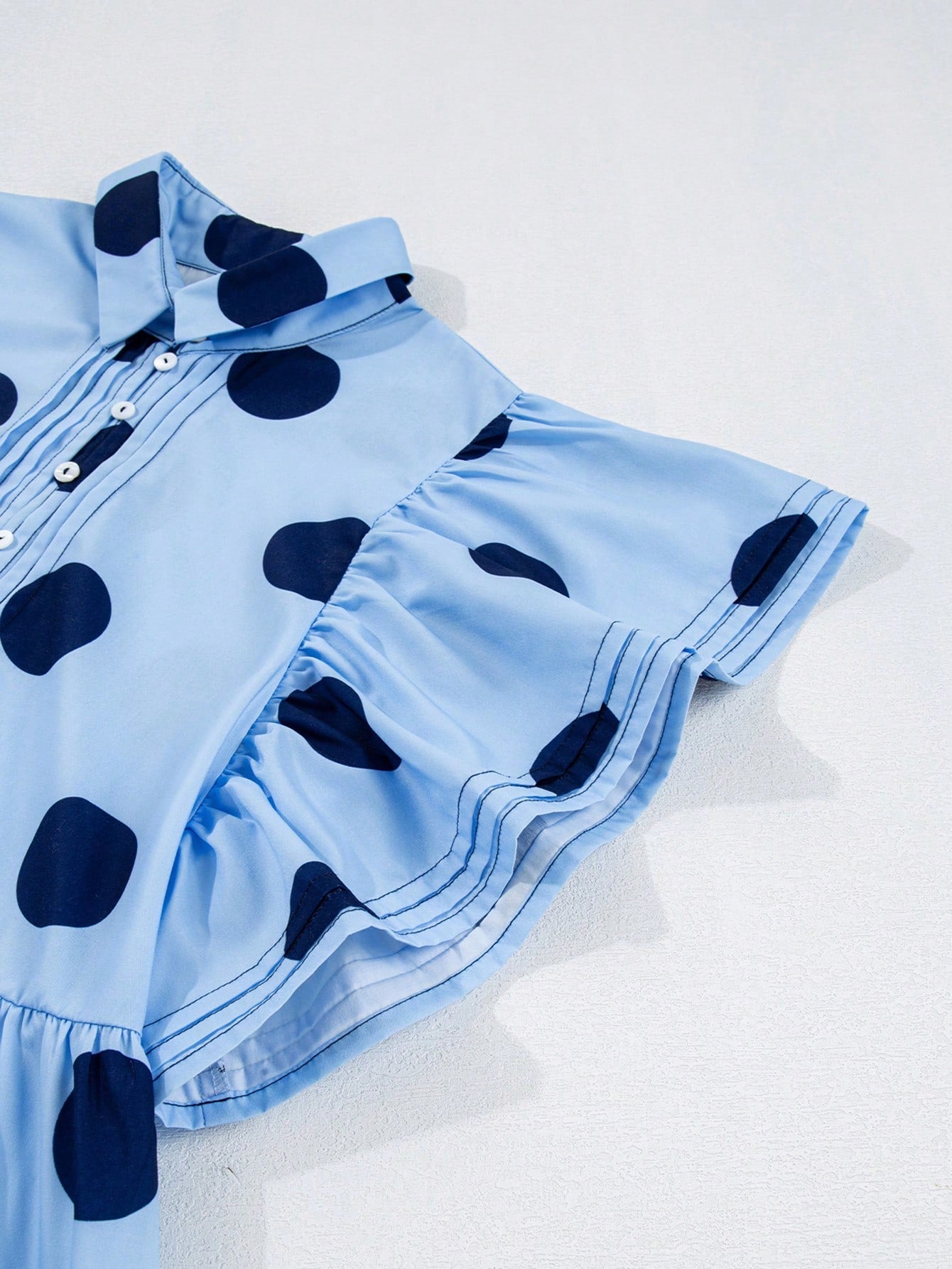 Acelitt Sky Blue Polka Dot Print Ruffle Trim Button Collar Short Sleeve Shirt Summer