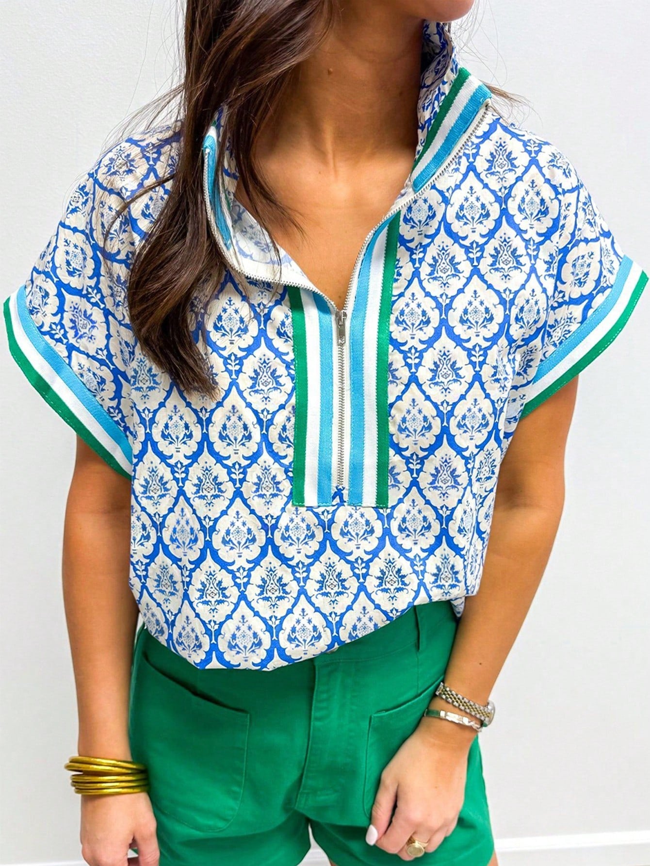 Acelitt Sky Blue Western Print Zip Collar Short Sleeve Top For Women, Summer