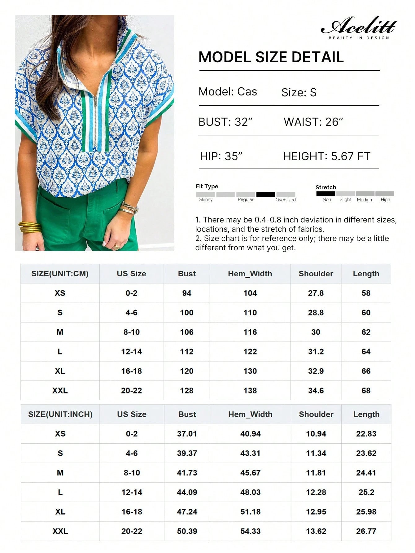Acelitt Sky Blue Western Print Zip Collar Short Sleeve Top For Women, Summer