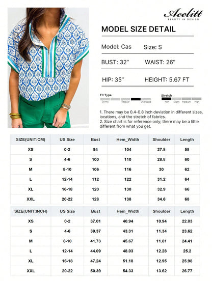 Acelitt Sky Blue Western Print Zip Collar Short Sleeve Top For Women, Summer