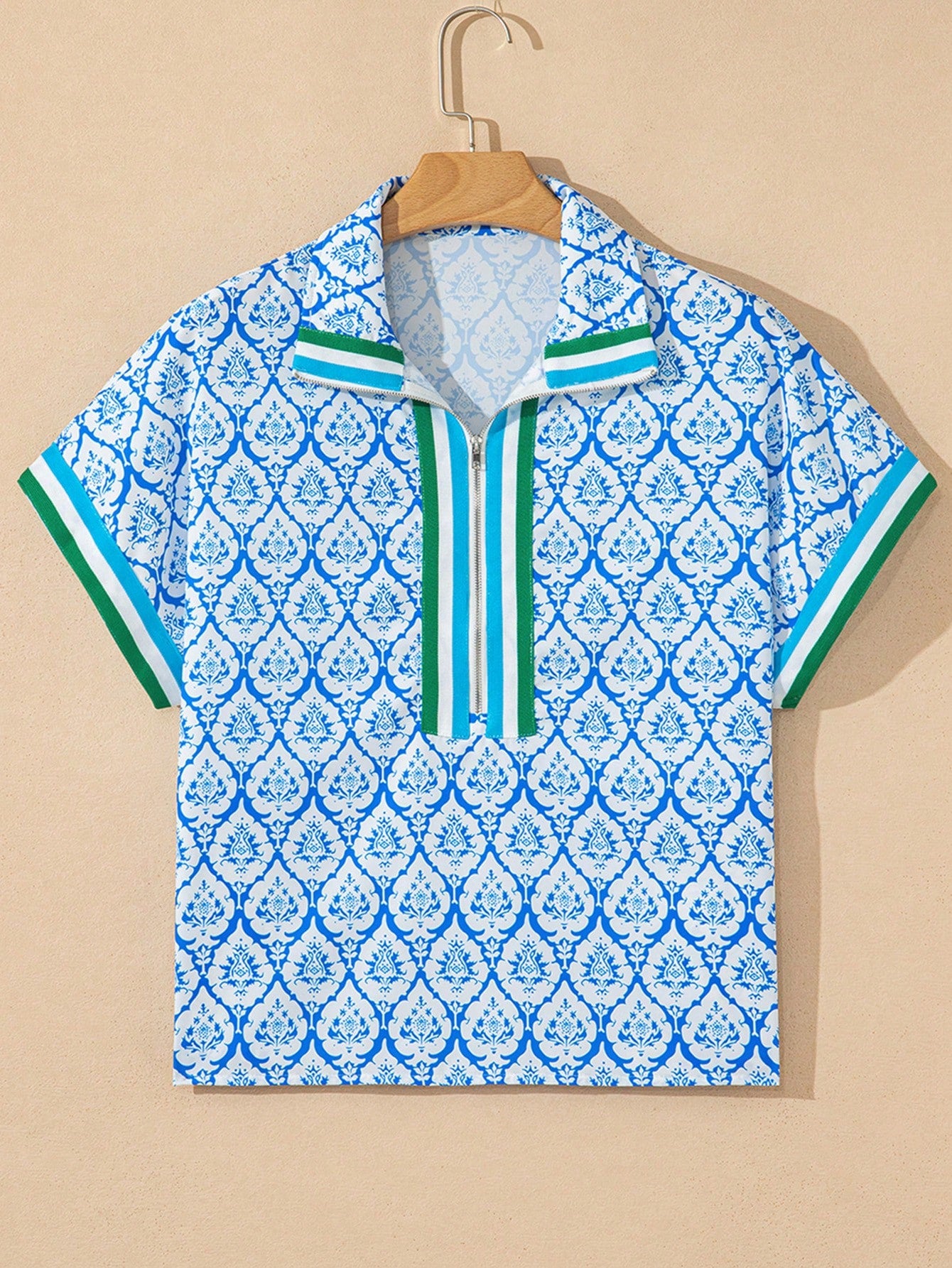 Acelitt Sky Blue Western Print Zip Collar Short Sleeve Top For Women, Summer