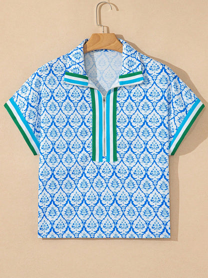 Acelitt Sky Blue Western Print Zip Collar Short Sleeve Top For Women, Summer