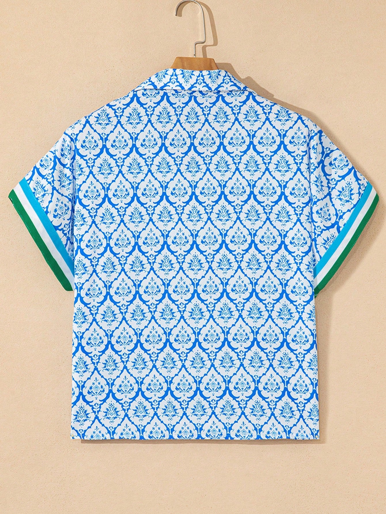 Acelitt Sky Blue Western Print Zip Collar Short Sleeve Top For Women, Summer