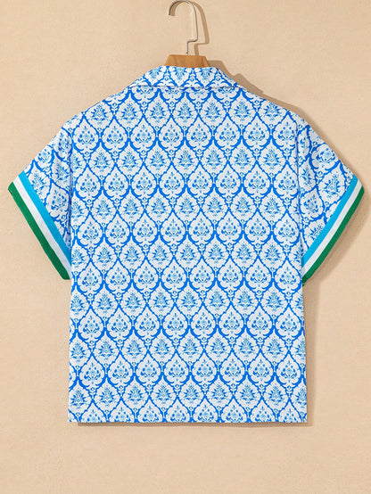 Acelitt Sky Blue Western Print Zip Collar Short Sleeve Top For Women, Summer