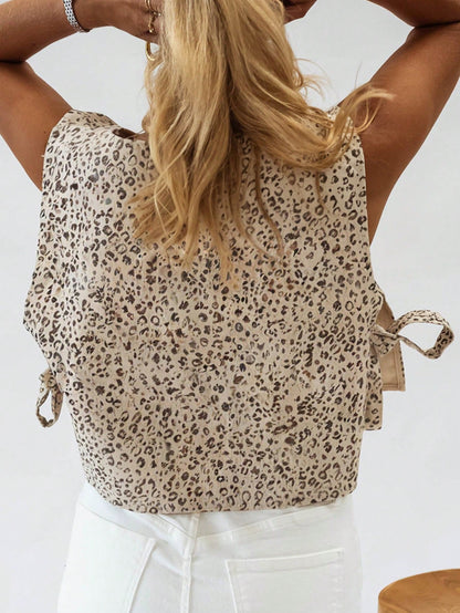 Acelitt Summer Fashion Apricot Leopard Print Tie-Up Design Sleeveless Round Neck Tank Top Vacation Casual