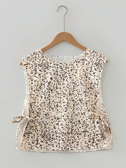 Acelitt Summer Fashion Apricot Leopard Print Tie-Up Design Sleeveless Round Neck Tank Top Vacation Casual