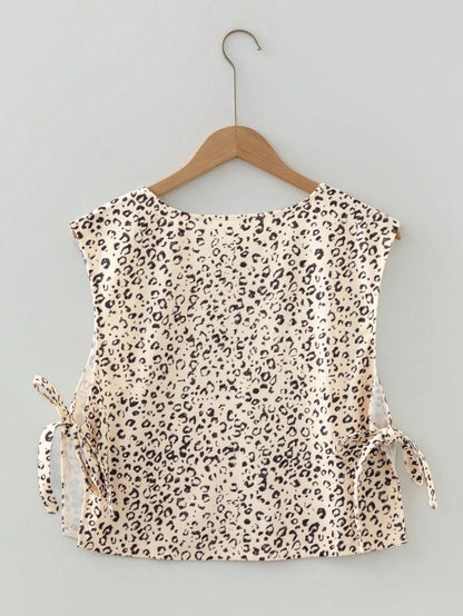 Acelitt Summer Fashion Apricot Leopard Print Tie-Up Design Sleeveless Round Neck Tank Top Vacation Casual