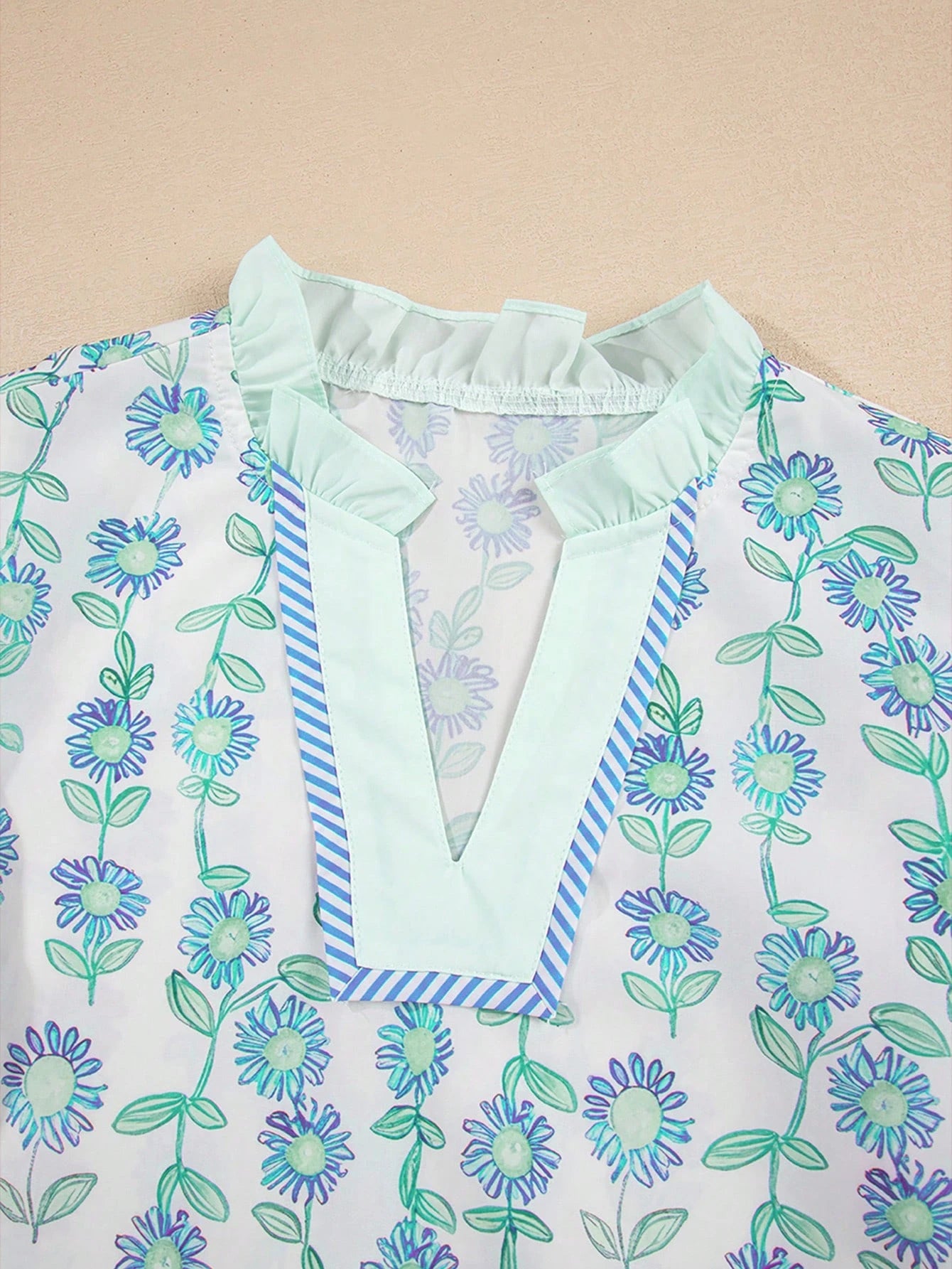 Acelitt Summer Green Floral Patchwork Striped Print Contrast Color V-Neck Loose Ruffle Sleeve Casual T-Shirt For Women, Suitable For Outing And Vacation