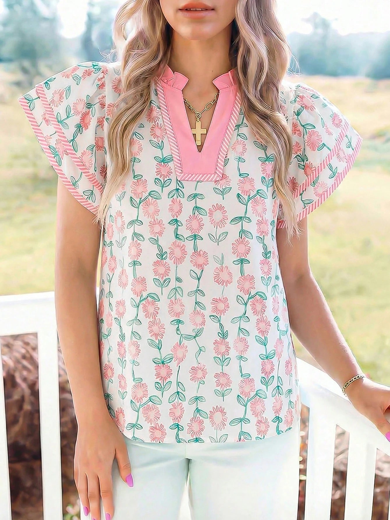 Acelitt Summer Green Floral Patchwork Striped Print Contrast Color V-Neck Loose Ruffle Sleeve Casual T-Shirt For Women, Suitable For Outing And Vacation