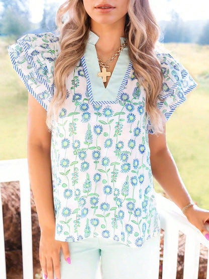 Acelitt Summer Green Floral Patchwork Striped Print Contrast Color V-Neck Loose Ruffle Sleeve Casual T-Shirt For Women, Suitable For Outing And Vacation