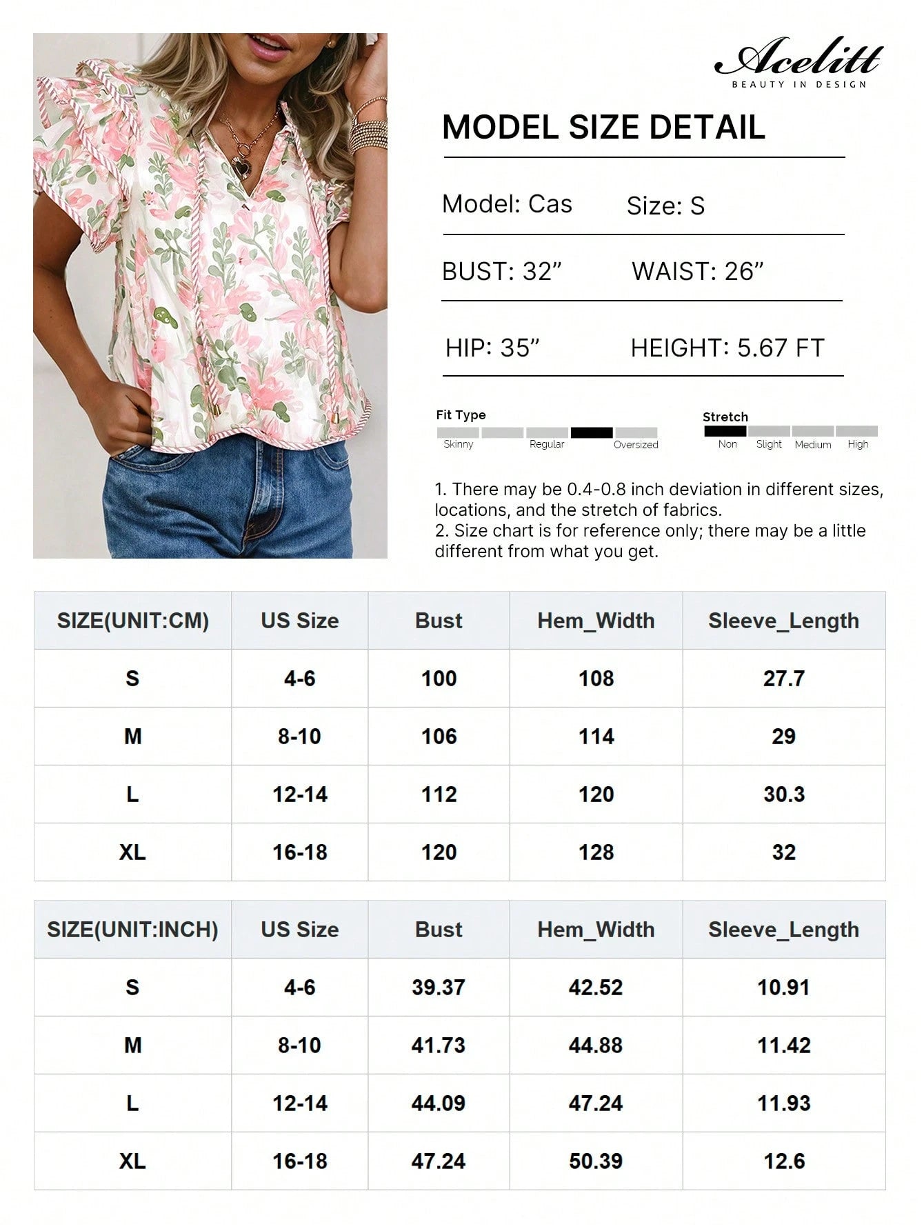 Acelitt Summer Pink Printed Striped Contrast Color Layered Ruffle Sleeve V-Neck Blouse Vacation