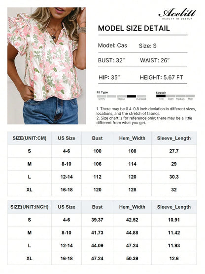 Acelitt Summer Pink Printed Striped Contrast Color Layered Ruffle Sleeve V-Neck Blouse Vacation