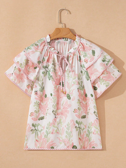 Acelitt Summer Pink Printed Striped Contrast Color Layered Ruffle Sleeve V-Neck Blouse Vacation