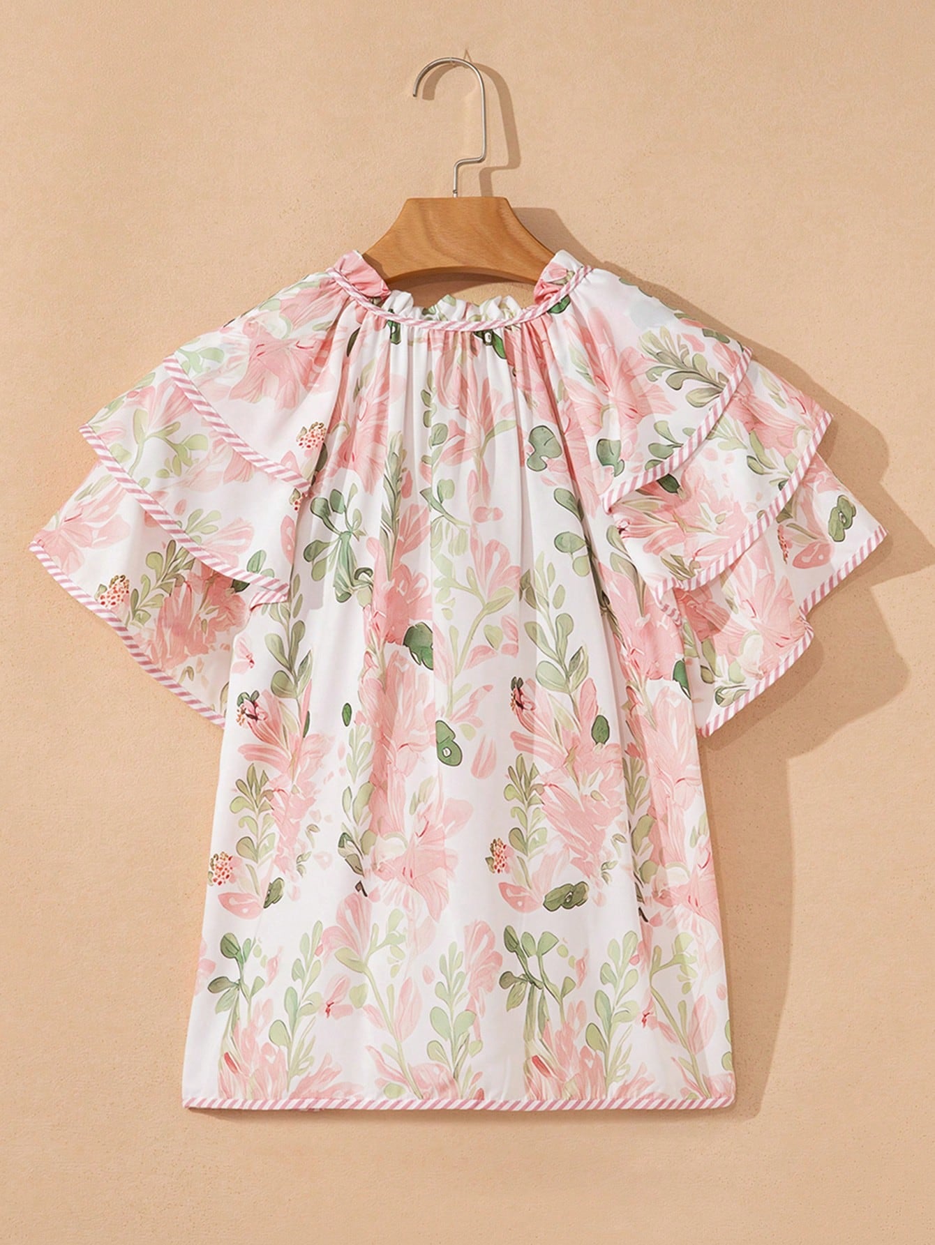 Acelitt Summer Pink Printed Striped Contrast Color Layered Ruffle Sleeve V-Neck Blouse Vacation
