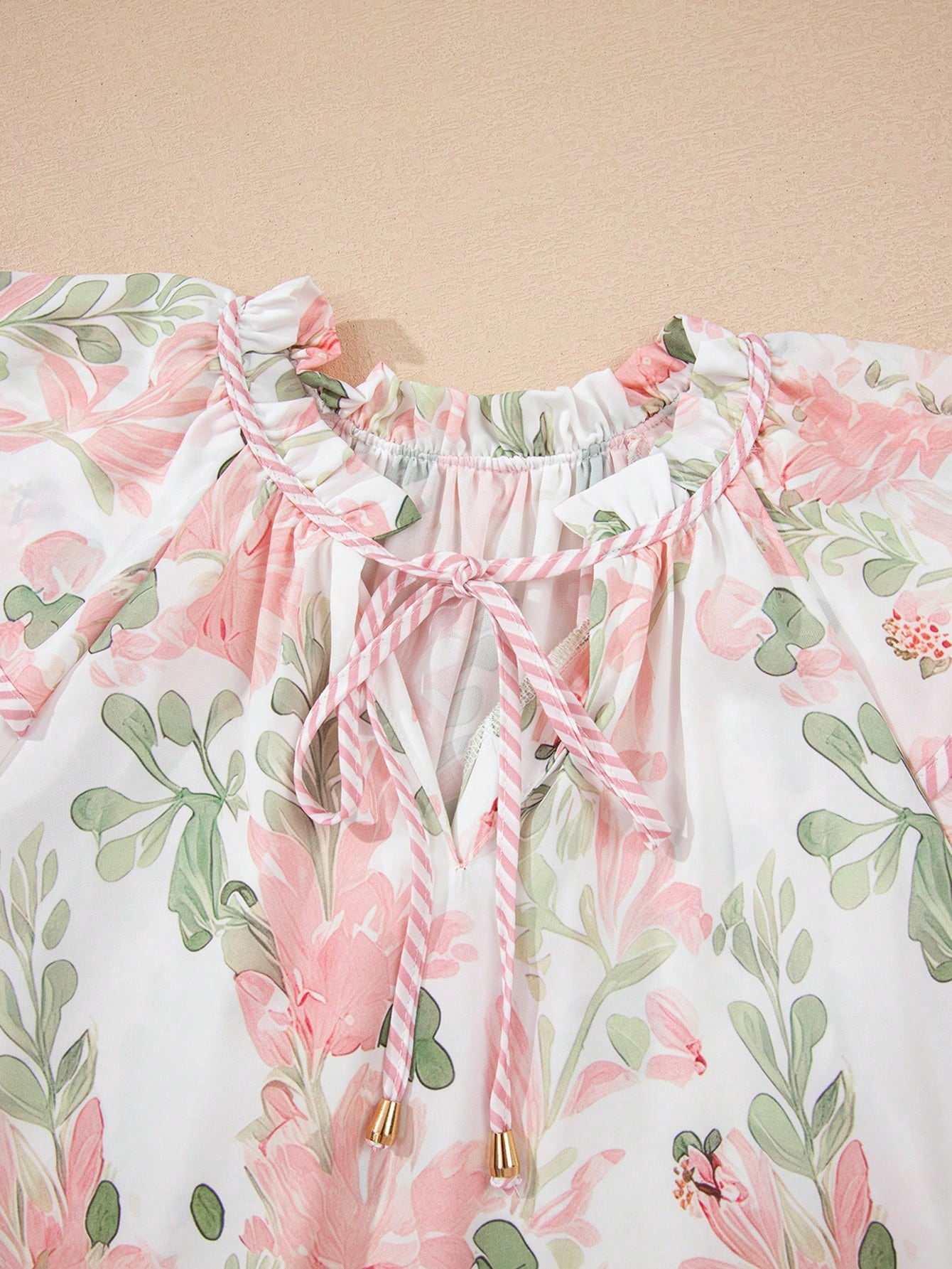 Acelitt Summer Pink Printed Striped Contrast Color Layered Ruffle Sleeve V-Neck Blouse Vacation
